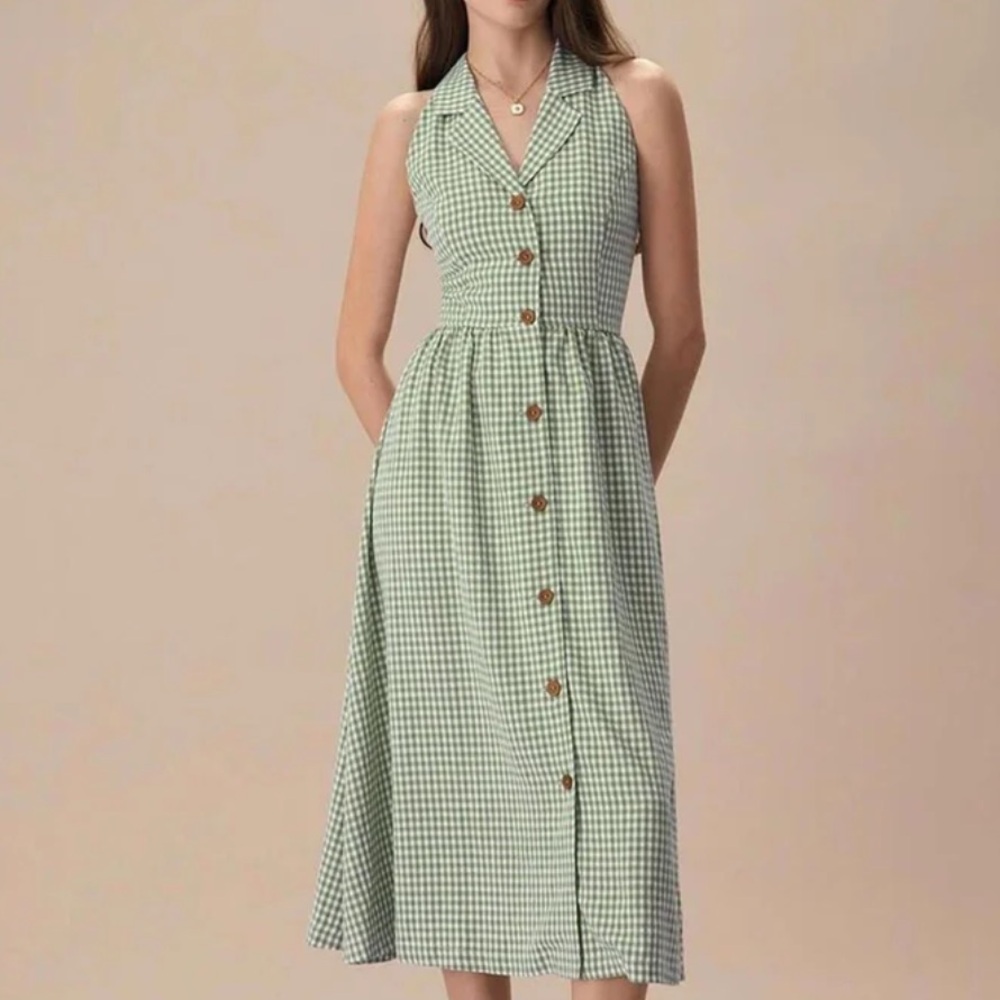 RHODE Green Gingham Midi Dress